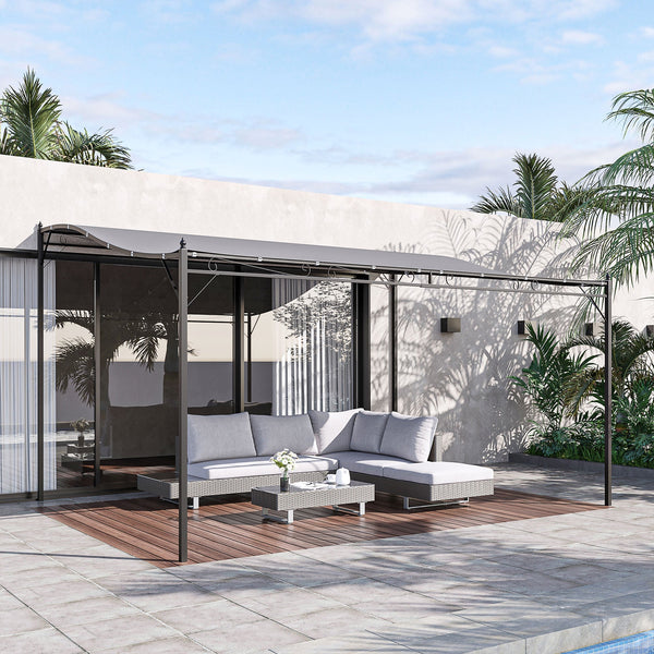 Pérgola de Jardim 4x3m Pérgola Montada na Parede com Toldo e 16 Orifícios de Drenagem para Pátio Terraço Metal e Poliéster 180 g/m² Resistente Cinza
