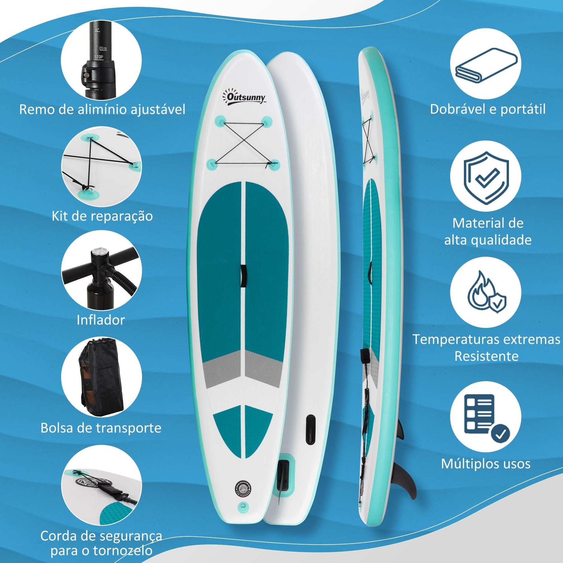 Outsunny Prancha de Paddle Surf Inflável 320x76x15cm Dobrável com Remo de Alumínio Ajustável Desmontável Bolsa de Transporte e Acessórios Branco e Turquesa - A minha loja