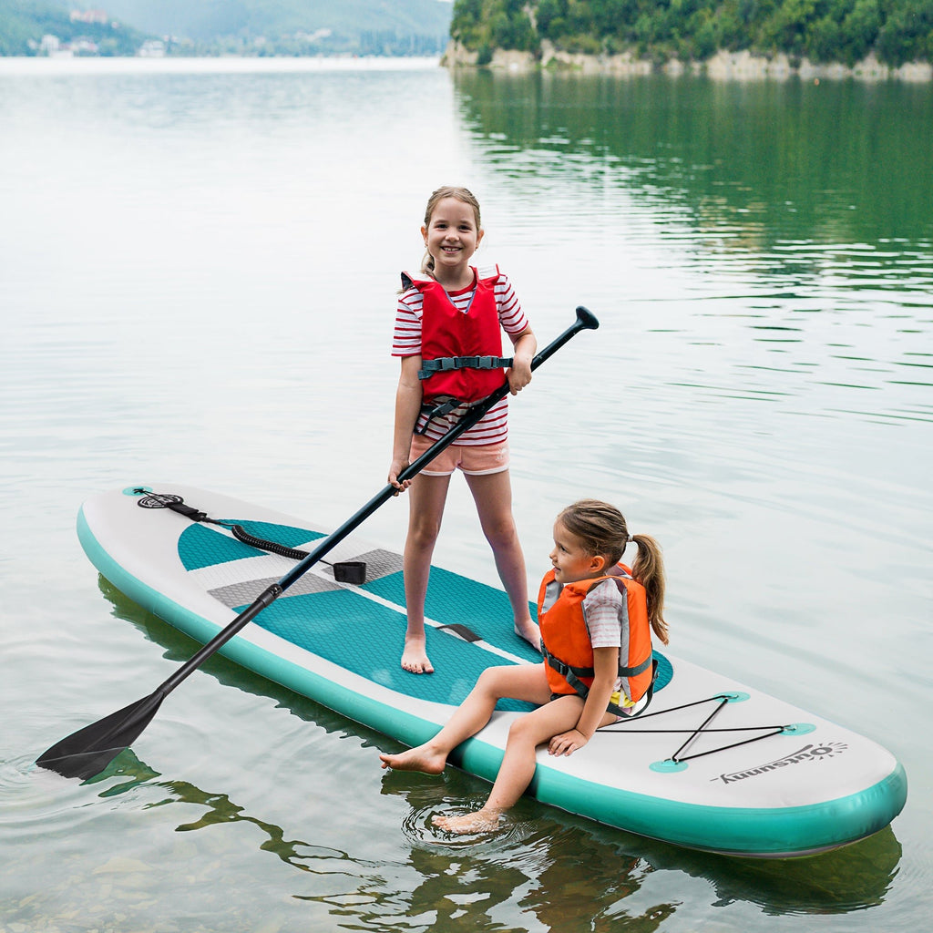 Outsunny Prancha de Paddle Surf Inflável 320x76x15cm Dobrável com Remo de Alumínio Ajustável Desmontável Bolsa de Transporte e Acessórios Branco e Turquesa - A minha loja