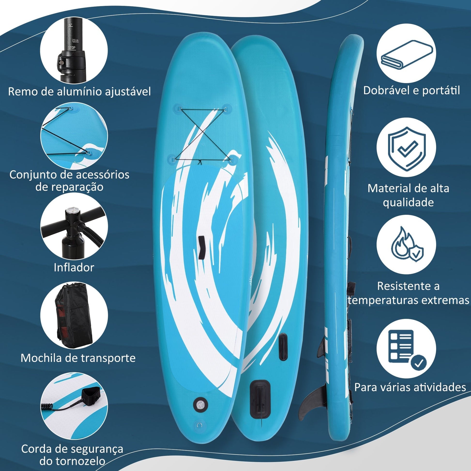 Outsunny Prancha de Paddle Surf Insuflável 300x76x15cm Prancha de Stand Up Insuflável com Remo Ajustável Barbatanas Superfície Antiderrapante Bomba e Bolsa de Transporte Azul - A minha loja