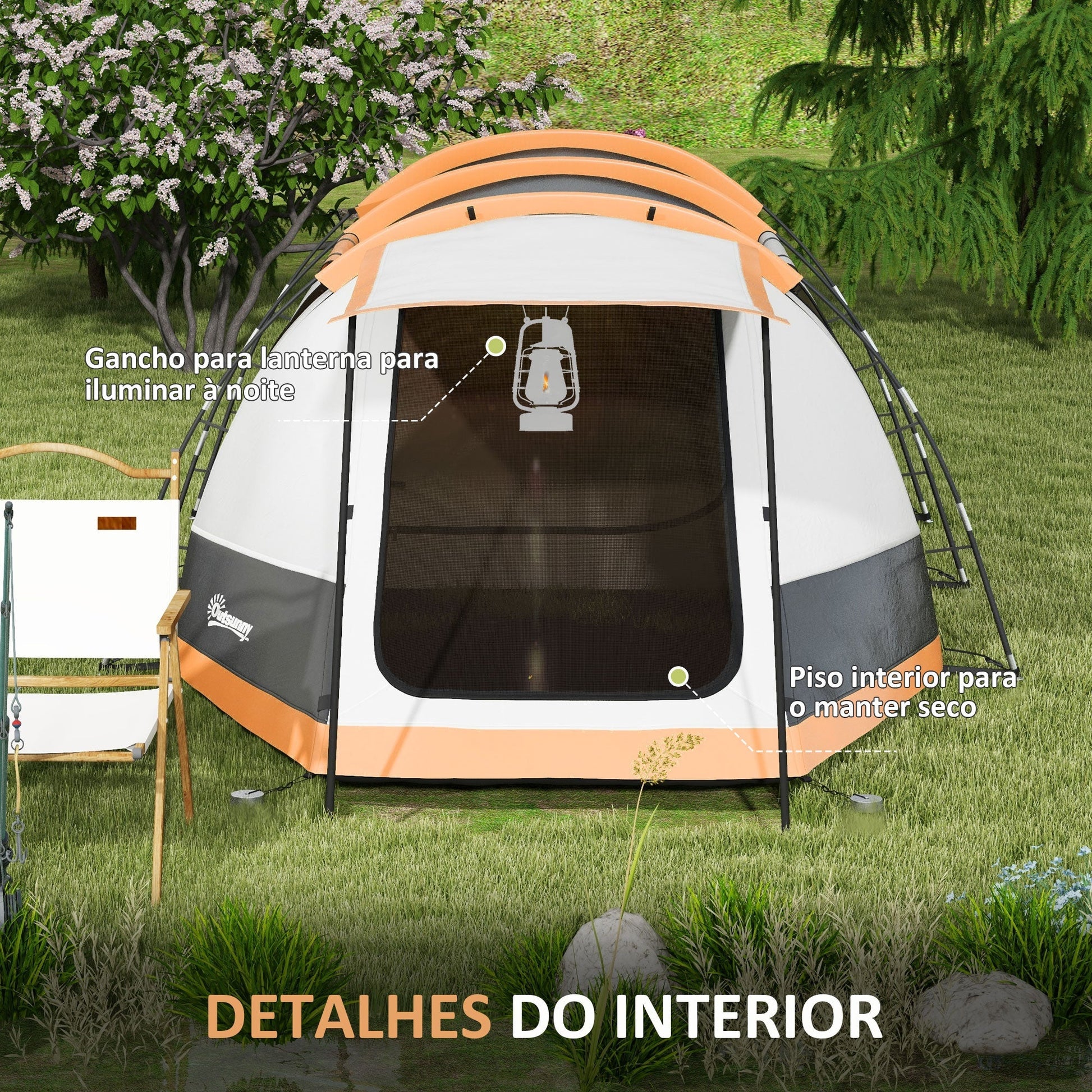 Outsunny Tenda de Campismo Familiar para 3 - 4 Pessoas Tenda de Campismo Dobrável com 2 Quartos e Bolsa de Transporte Impermeável para Trekking 370x220x130 cm Laranja e Cinza - A minha loja