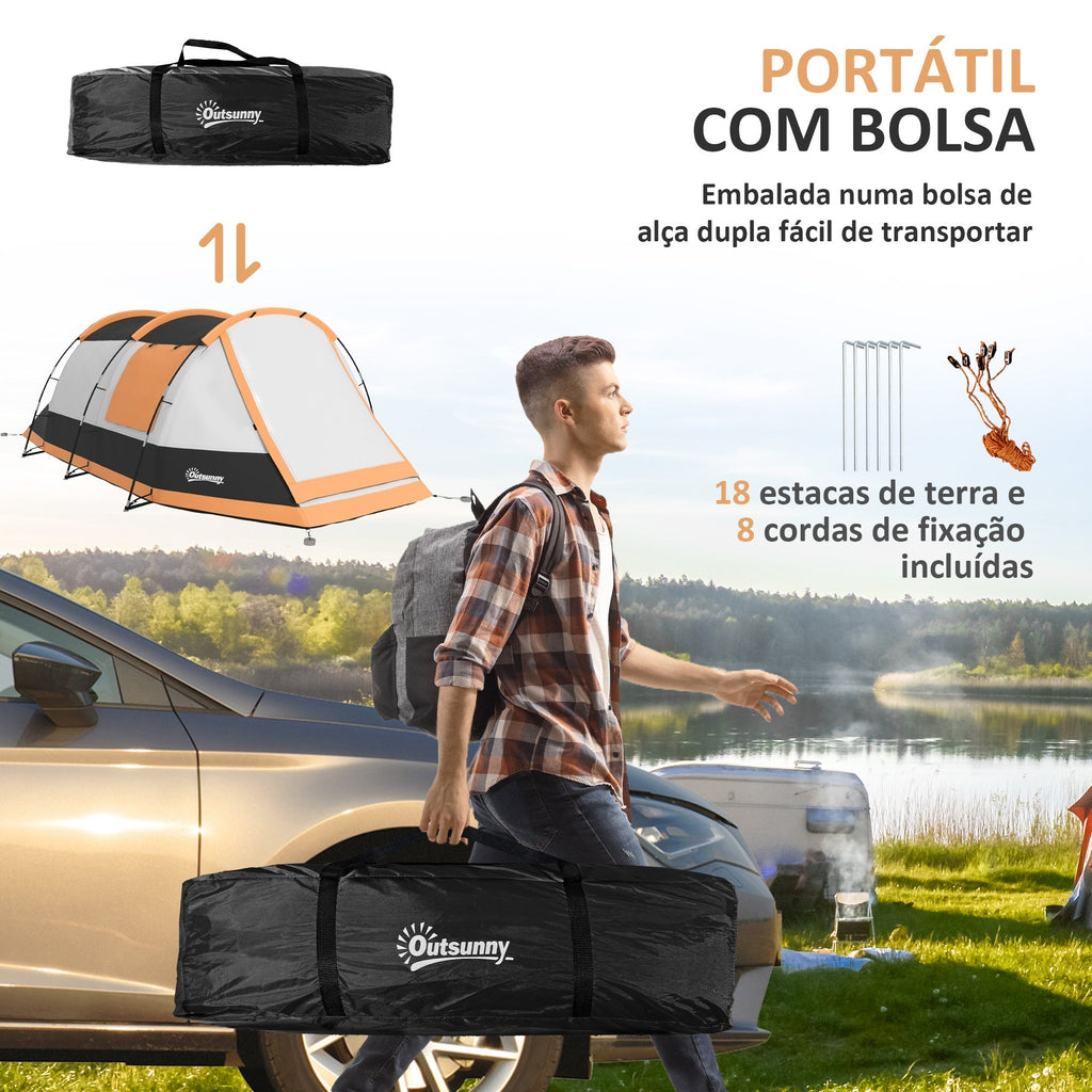 Outsunny Tenda de Campismo Familiar para 3 - 4 Pessoas Tenda de Campismo Dobrável com 2 Quartos e Bolsa de Transporte Impermeável para Trekking 370x220x130 cm Laranja e Cinza - A minha loja