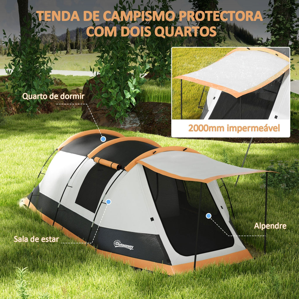 Outsunny Tenda de Campismo Familiar para 3 - 4 Pessoas Tenda de Campismo Dobrável com 2 Quartos e Bolsa de Transporte Impermeável para Trekking 370x220x130 cm Laranja e Cinza - A minha loja