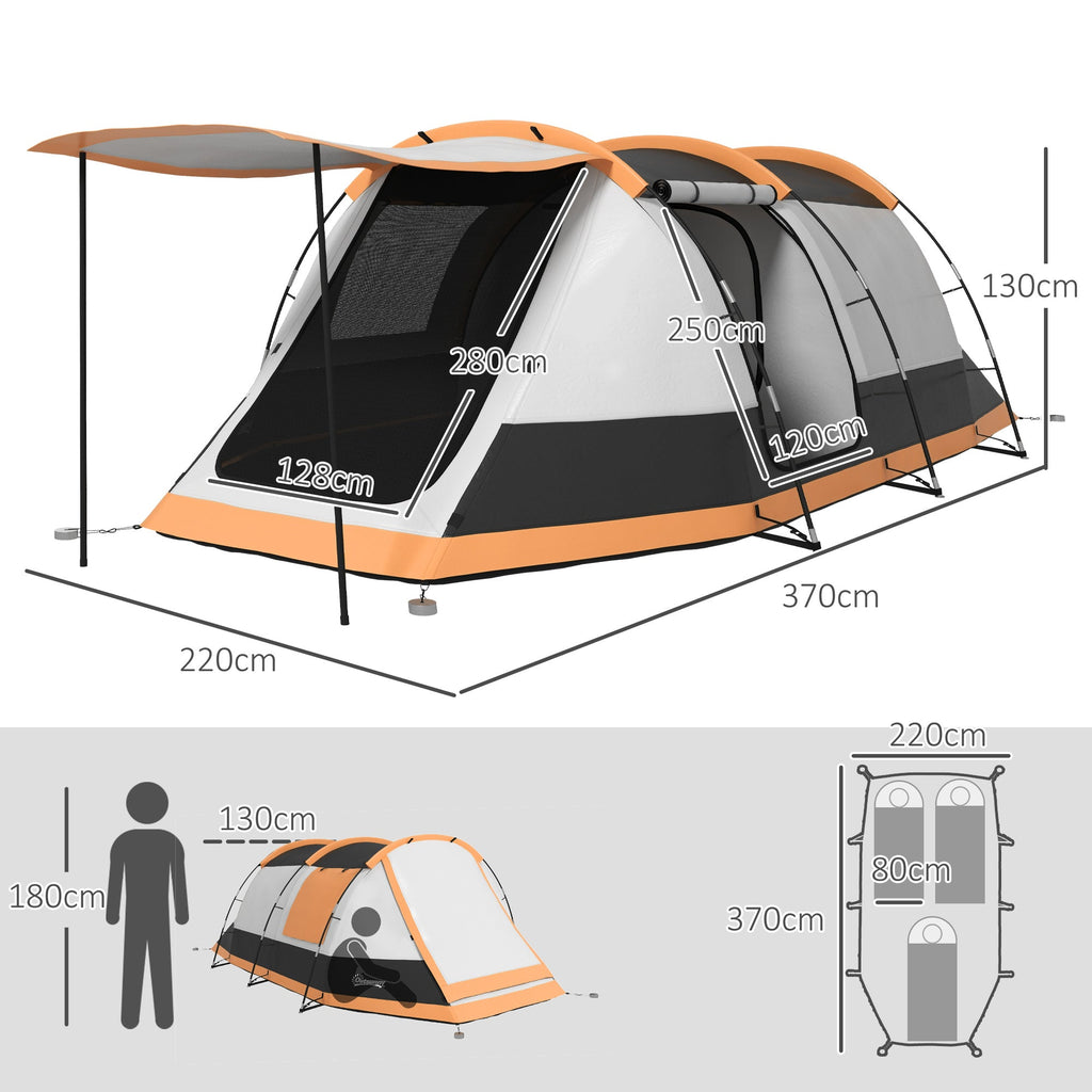 Outsunny Tenda de Campismo Familiar para 3 - 4 Pessoas Tenda de Campismo Dobrável com 2 Quartos e Bolsa de Transporte Impermeável para Trekking 370x220x130 cm Laranja e Cinza - A minha loja
