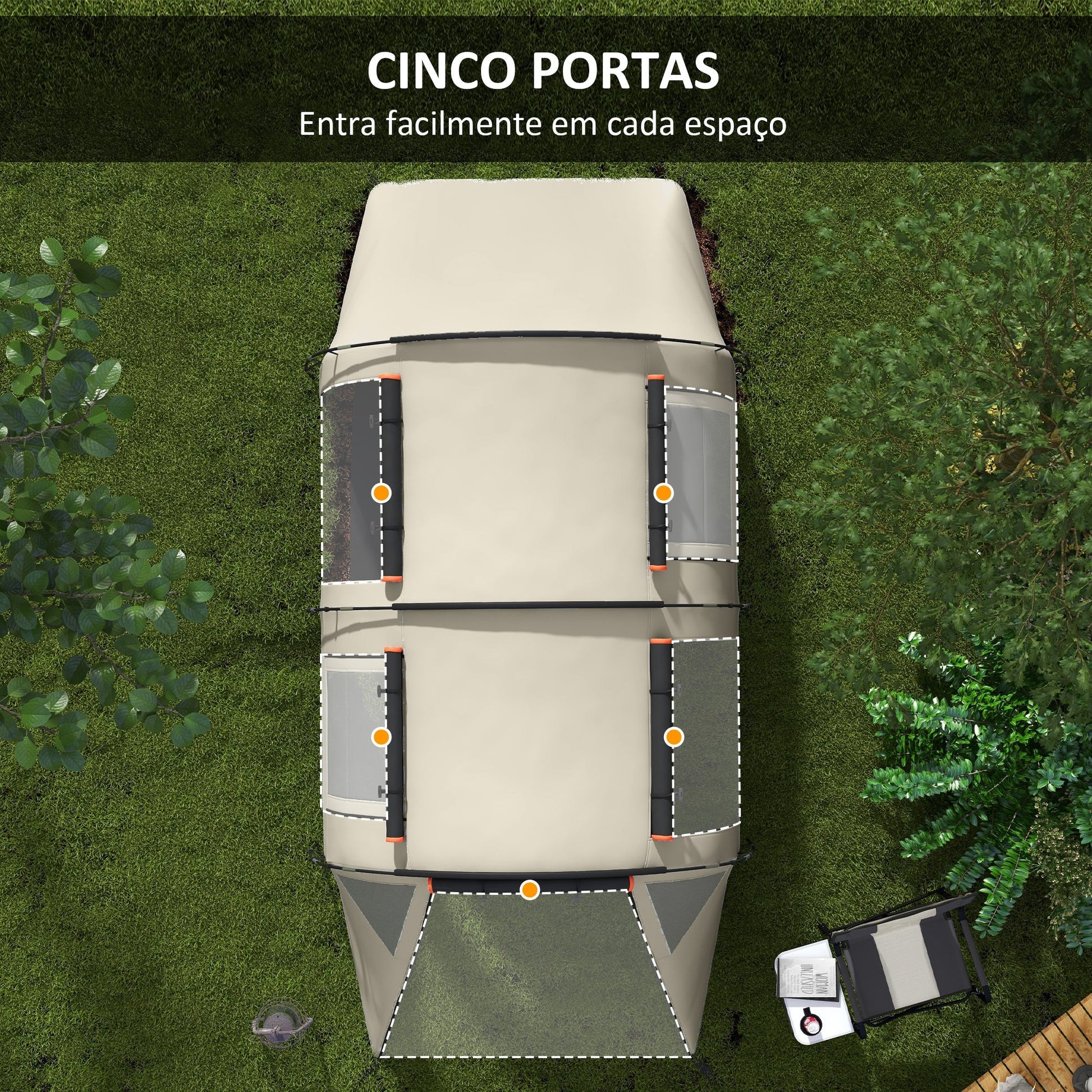 Outsunny Tenda de Campismo Familiar para 4 - 5 Pessoas Tenda de Campismo Dobrável com 2 Quartos 5 Portas e Bolsa de Transporte Impermeável para Trekking 460x230x180 cm Caqui - A minha loja