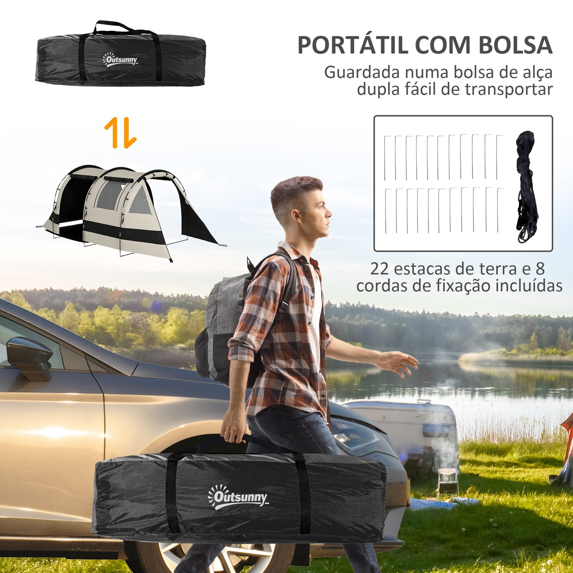Outsunny Tenda de Campismo Familiar para 4 - 5 Pessoas Tenda de Campismo Dobrável com 2 Quartos 5 Portas e Bolsa de Transporte Impermeável para Trekking 460x230x180 cm Caqui - A minha loja