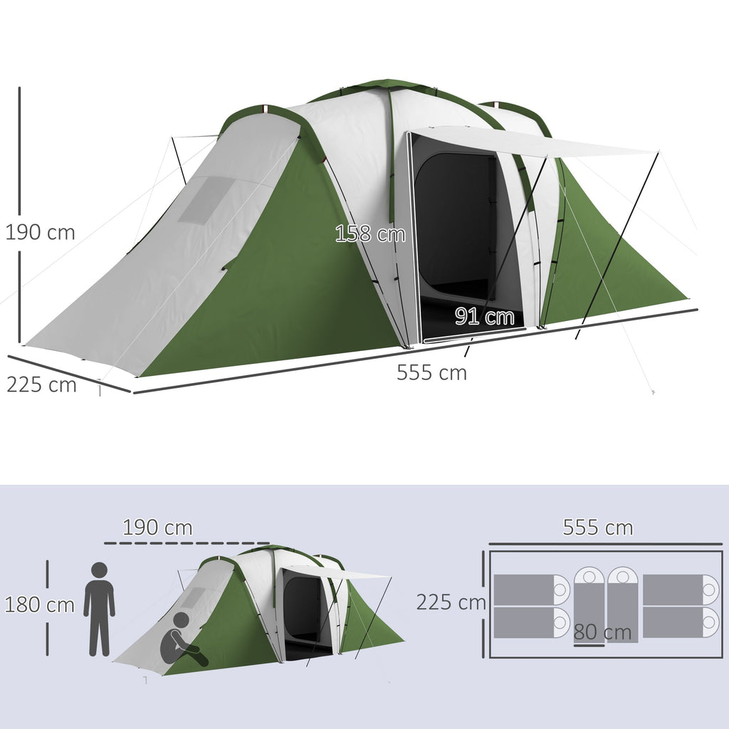 Outsunny Tenda de Campismo Familiar para 4 - 6 Pessoas com 2 Dormitórios Tenda de Campismo Grande Impermeável 3000 mm com Bolsa de Transporte 555x225x190 cm Cinza e Verde - A minha loja