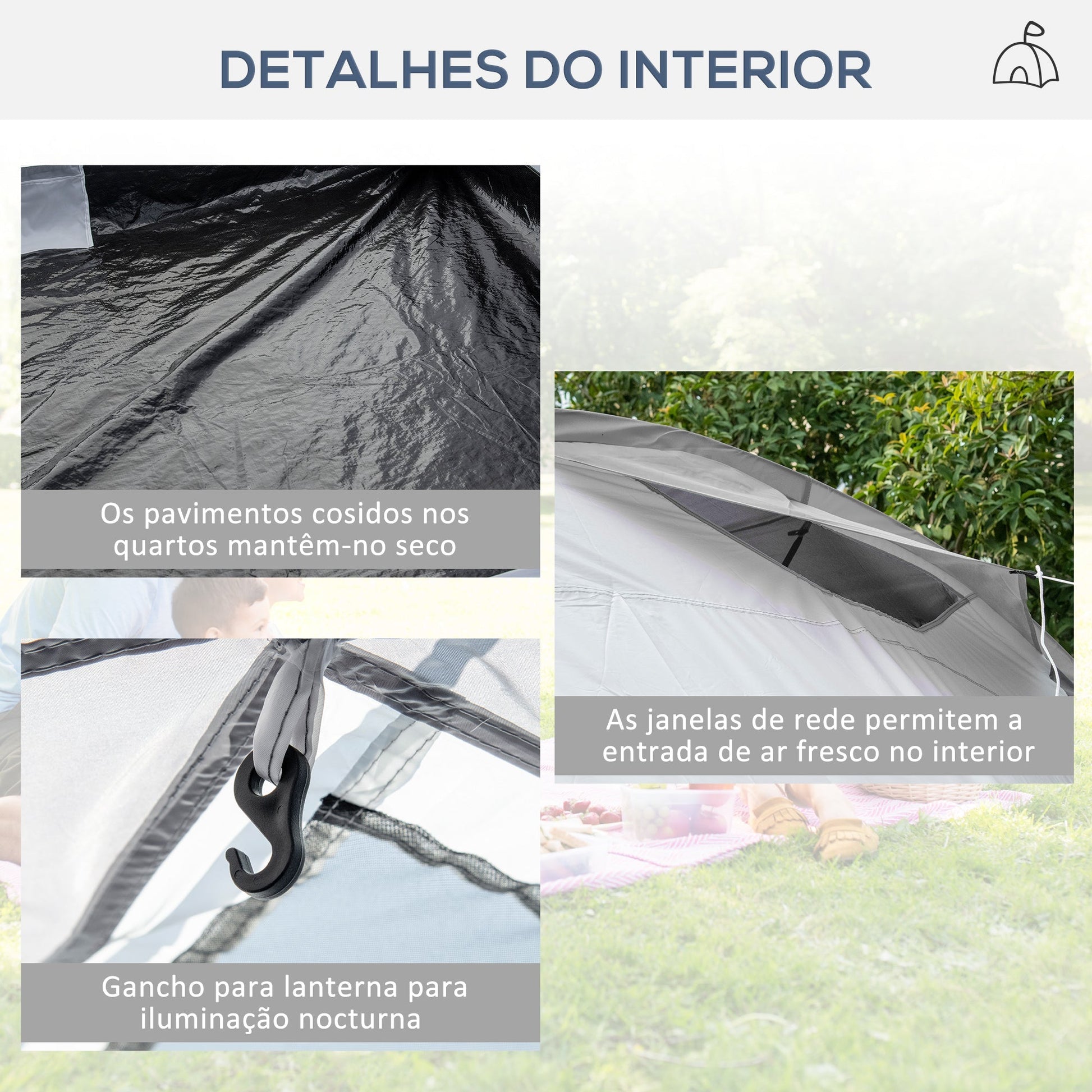 Outsunny Tenda de Campismo Familiar para 4 - 6 Pessoas Tenda de Campismo Dobrável com 2 Janelas e Bolsa de Transporte Impermeável Anti - UV para Caminhadas 590x245x193 cm Cinza - A minha loja
