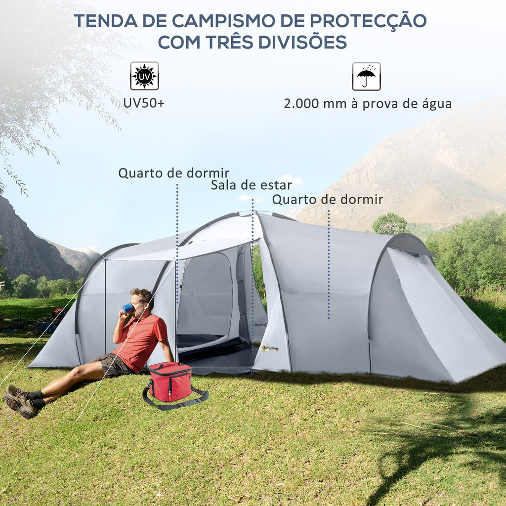 Outsunny Tenda de Campismo Familiar para 4 - 6 Pessoas Tenda de Campismo Dobrável com 2 Janelas e Bolsa de Transporte Impermeável Anti - UV para Caminhadas 590x245x193 cm Cinza - A minha loja