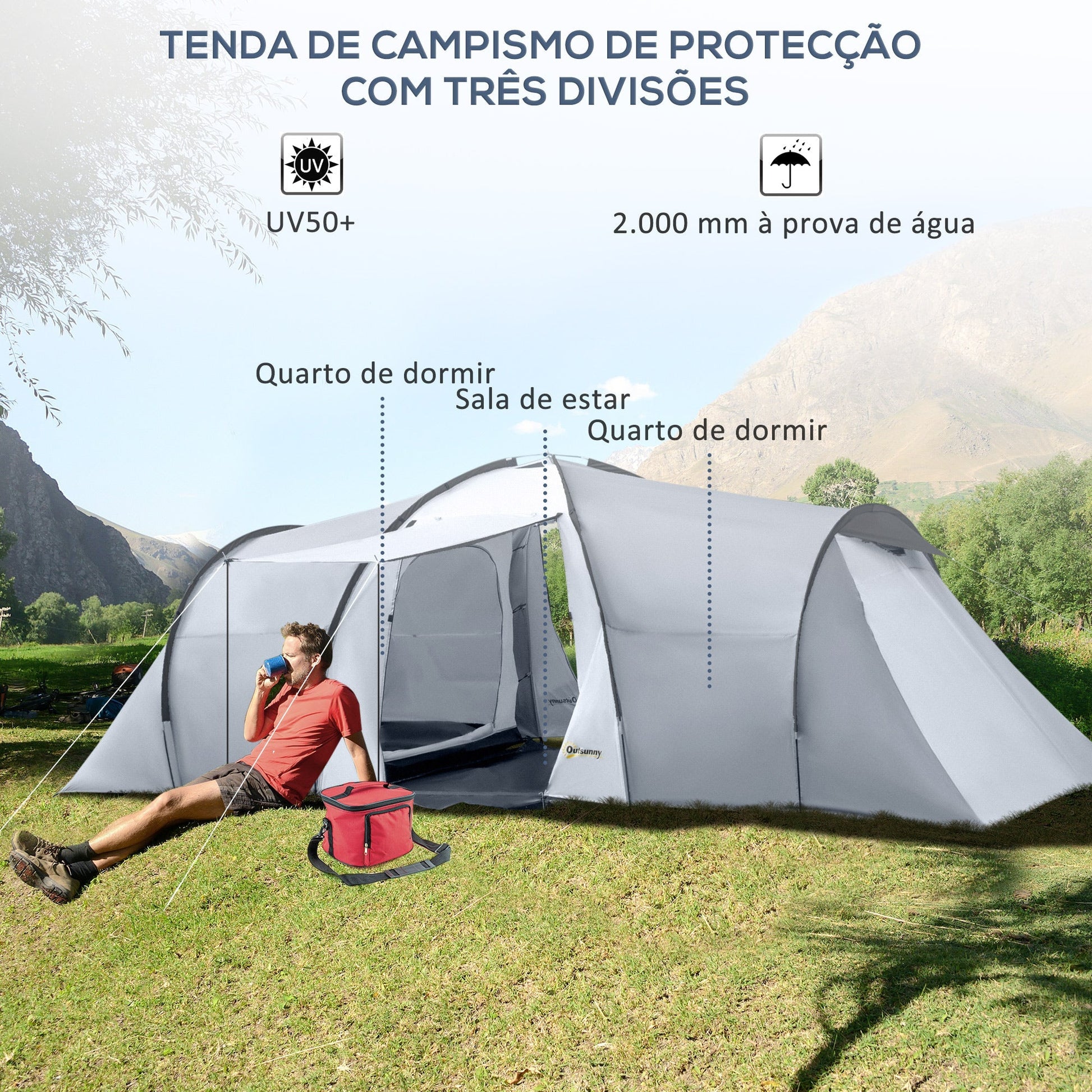 Outsunny Tenda de Campismo Familiar para 4 - 6 Pessoas Tenda de Campismo Dobrável com 2 Janelas e Bolsa de Transporte Impermeável Anti - UV para Caminhadas 590x245x193 cm Cinza - A minha loja