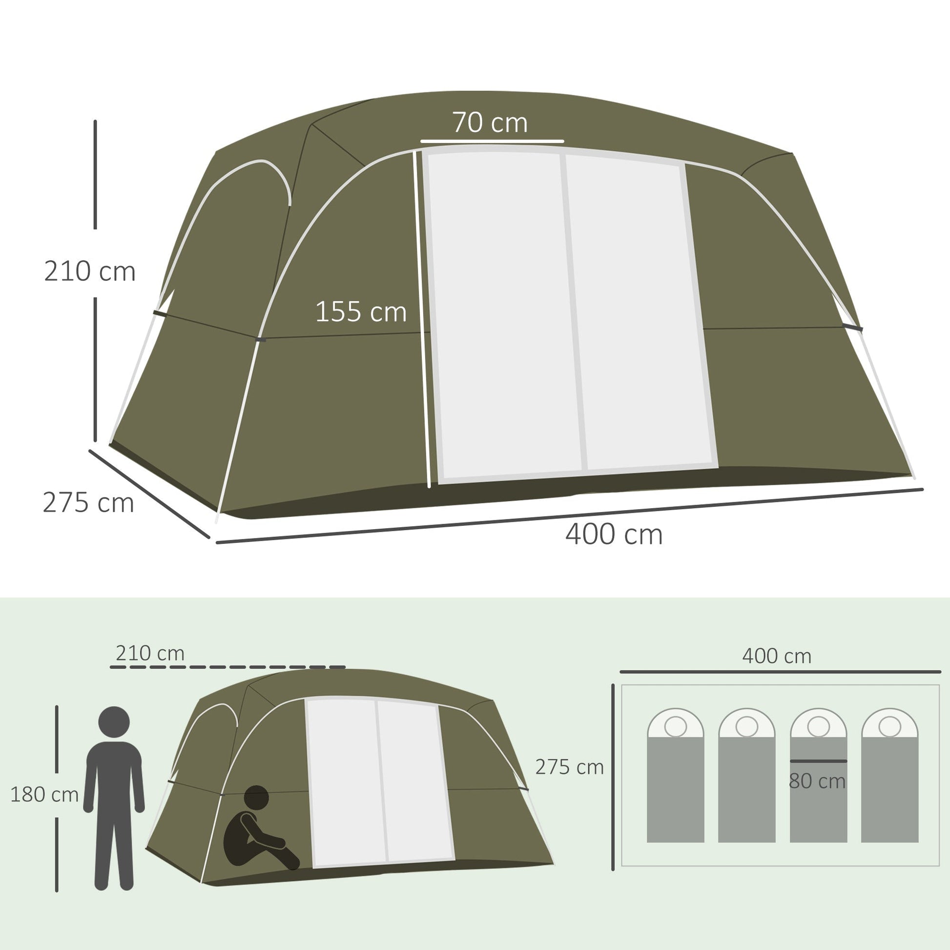 Outsunny Tenda de Campismo Familiar para 4 - 8 Pessoas com 2 Quartos Tenda de Campismo Grande com 2 Bolsos e Janelas com Malha Impermeável 400x275x210 cm Verde - A minha loja