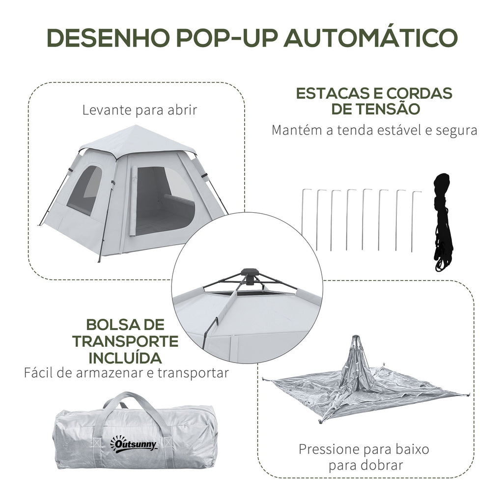 Outsunny Tenda de Campismo para 2 - 3 Pessoas Tenda de Campismo Impermeável PU2000 mm Proteção UV50+ com Bolsa de Transporte 210x210x150 cm Prata - A minha loja