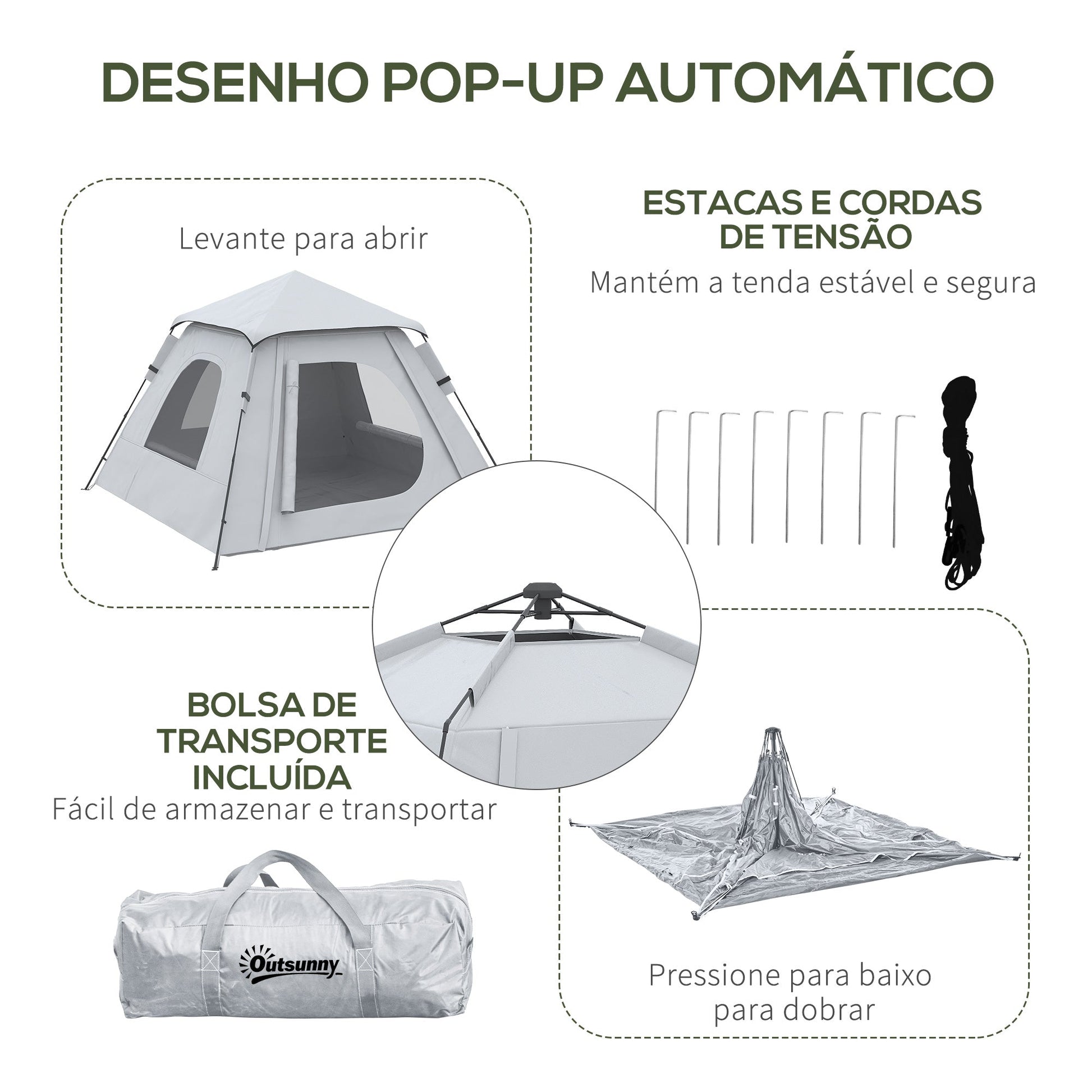 Outsunny Tenda de Campismo para 2 - 3 Pessoas Tenda de Campismo Impermeável PU2000 mm Proteção UV50+ com Bolsa de Transporte 210x210x150 cm Prata - A minha loja