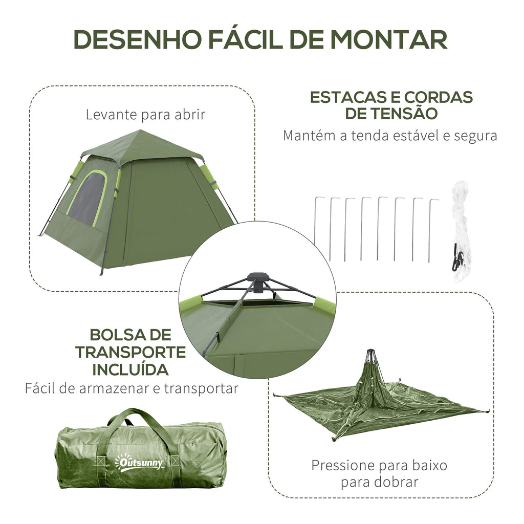Outsunny Tenda de Campismo para 2 - 3 Pessoas Tenda de Campismo Impermeável PU2000 mm Proteção UV50+ com Bolsa de Transporte 210x210x150 cm Verde - A minha loja