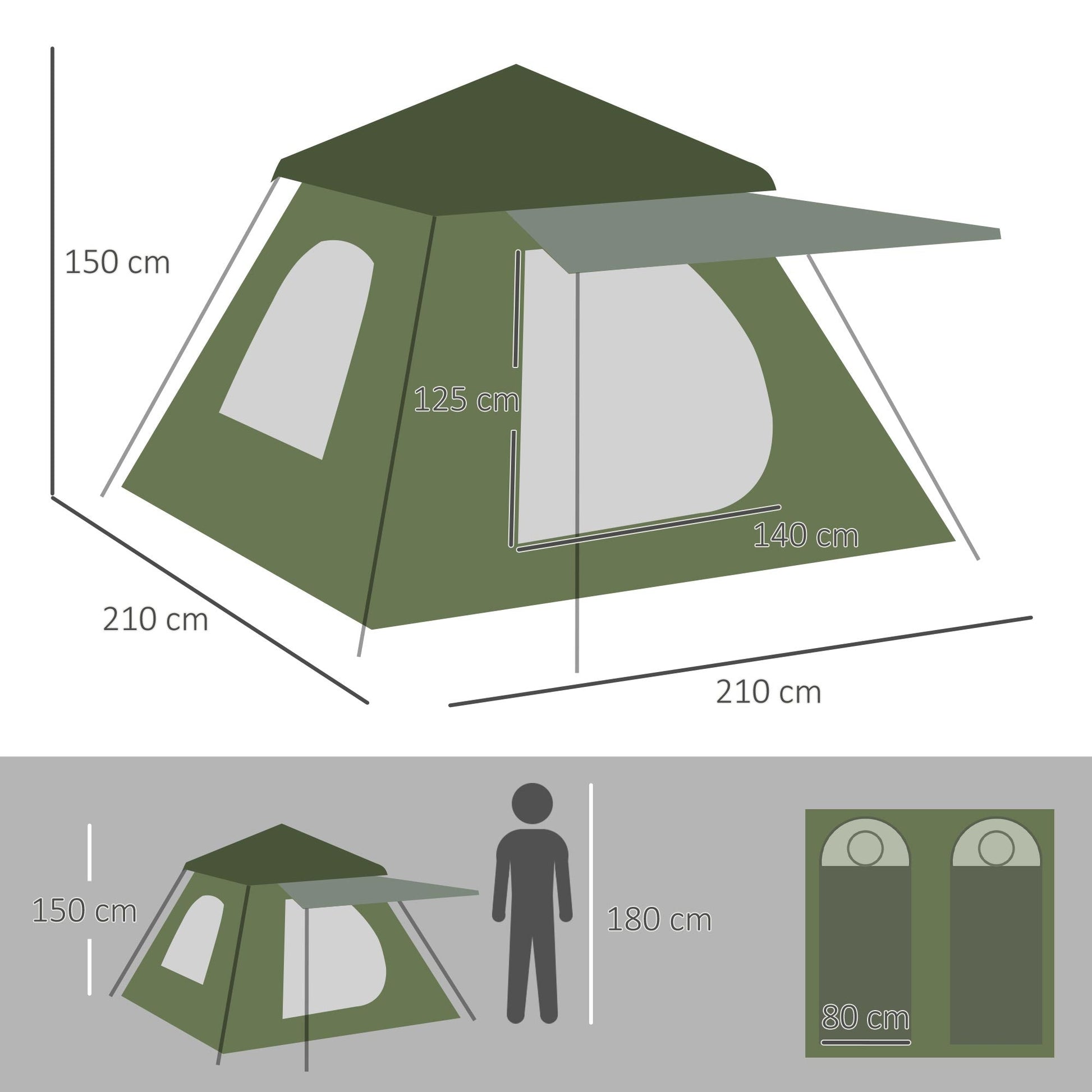 Outsunny Tenda de Campismo para 2 - 3 Pessoas Tenda de Campismo Impermeável PU2000 mm Proteção UV50+ com Bolsa de Transporte 210x210x150 cm Verde - A minha loja