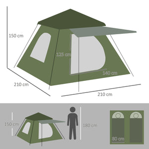 Outsunny Tenda de Campismo para 2 - 3 Pessoas Tenda de Campismo Impermeável PU2000 mm Proteção UV50+ com Bolsa de Transporte 210x210x150 cm Verde - A minha loja