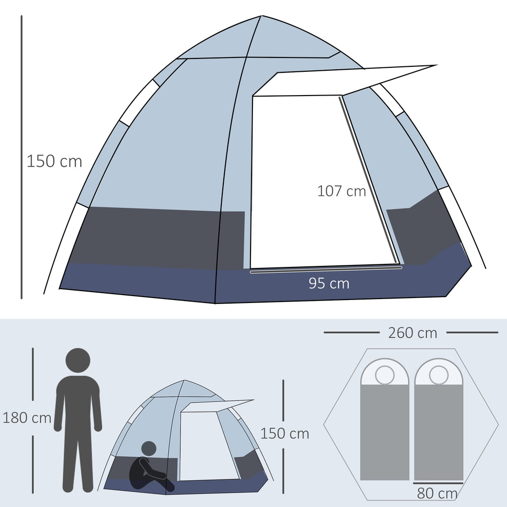 Outsunny Tenda de Campismo para 2 Pessoas Tenda de Campismo Dobrável com 2 Portas Impermeável Anti - UV E Bolsa de Transporte 260x260x150 cm Preto e Cinza - A minha loja