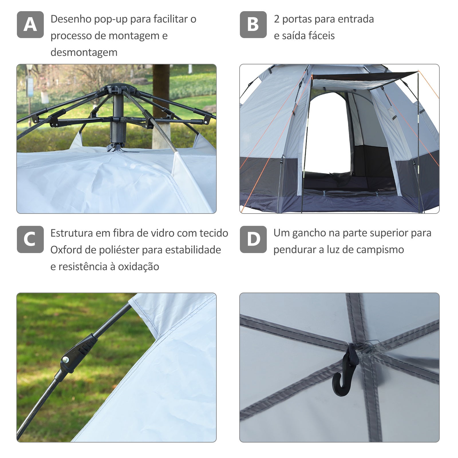 Outsunny Tenda de Campismo para 2 Pessoas Tenda de Campismo Dobrável com 2 Portas Impermeável Anti - UV E Bolsa de Transporte 260x260x150 cm Preto e Cinza - A minha loja