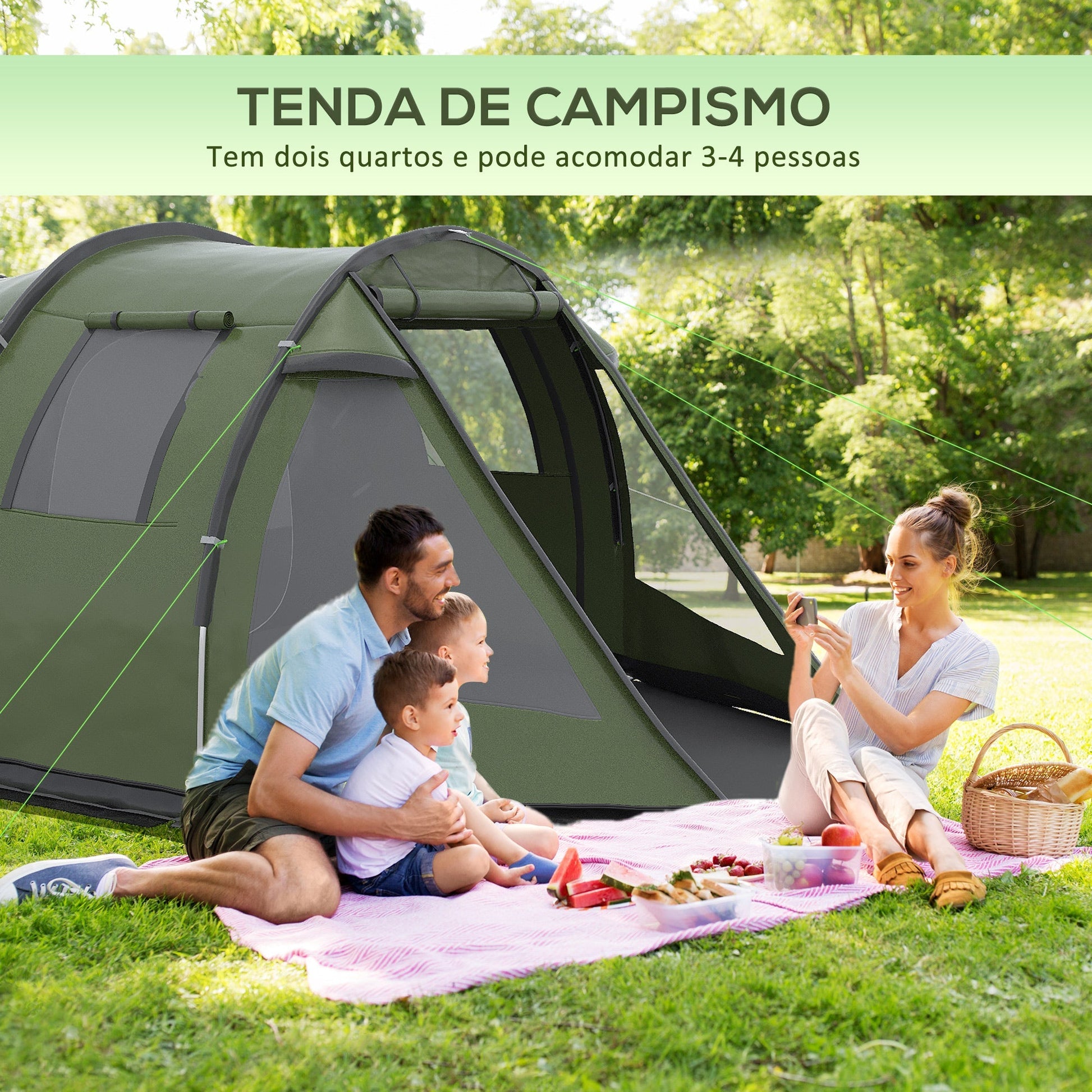 Outsunny Tenda de Campismo para 3 - 4 Pessoas Impermeável PU2000 mm com Proteção UV30+ Janelas e Bolsa de Transporte 475x264x172 cm Verde - A minha loja