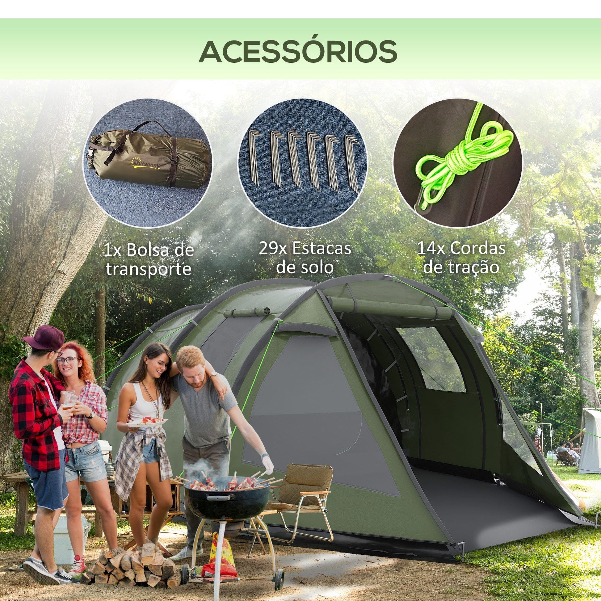 Outsunny Tenda de Campismo para 3 - 4 Pessoas Impermeável PU2000 mm com Proteção UV30+ Janelas e Bolsa de Transporte 475x264x172 cm Verde - A minha loja