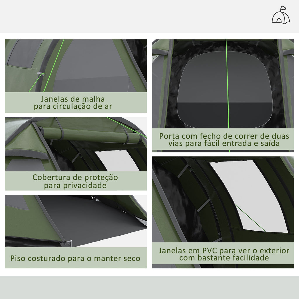 Outsunny Tenda de Campismo para 3 - 4 Pessoas Impermeável PU2000 mm com Proteção UV30+ Janelas e Bolsa de Transporte 475x264x172 cm Verde - A minha loja