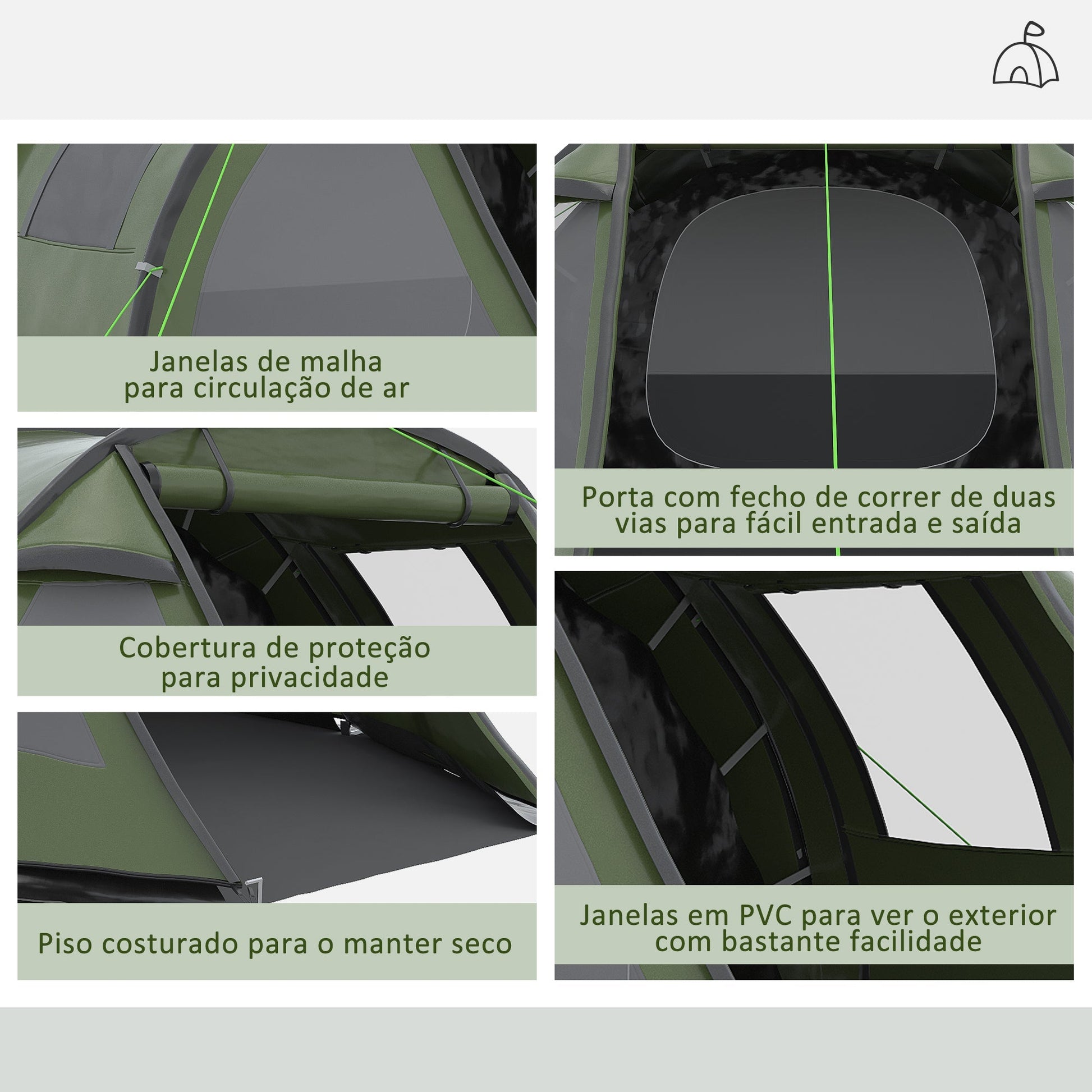 Outsunny Tenda de Campismo para 3 - 4 Pessoas Impermeável PU2000 mm com Proteção UV30+ Janelas e Bolsa de Transporte 475x264x172 cm Verde - A minha loja