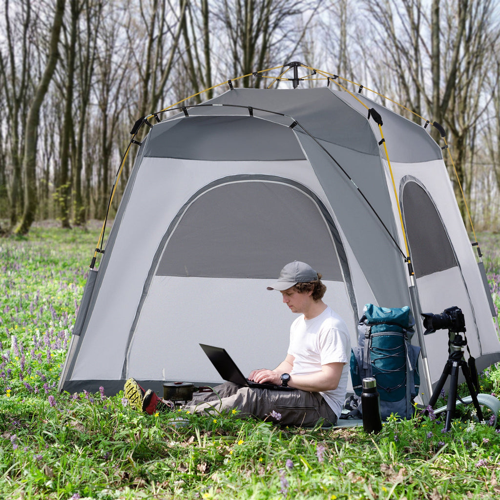 Outsunny Tenda de Campismo para 4 Pessoas Tenda de Campismo Pop UP com 4 Janelas 2 Bolsos de Armazenamento e Bolsa de Transporte 240x240x199 cm Cinza - A minha loja