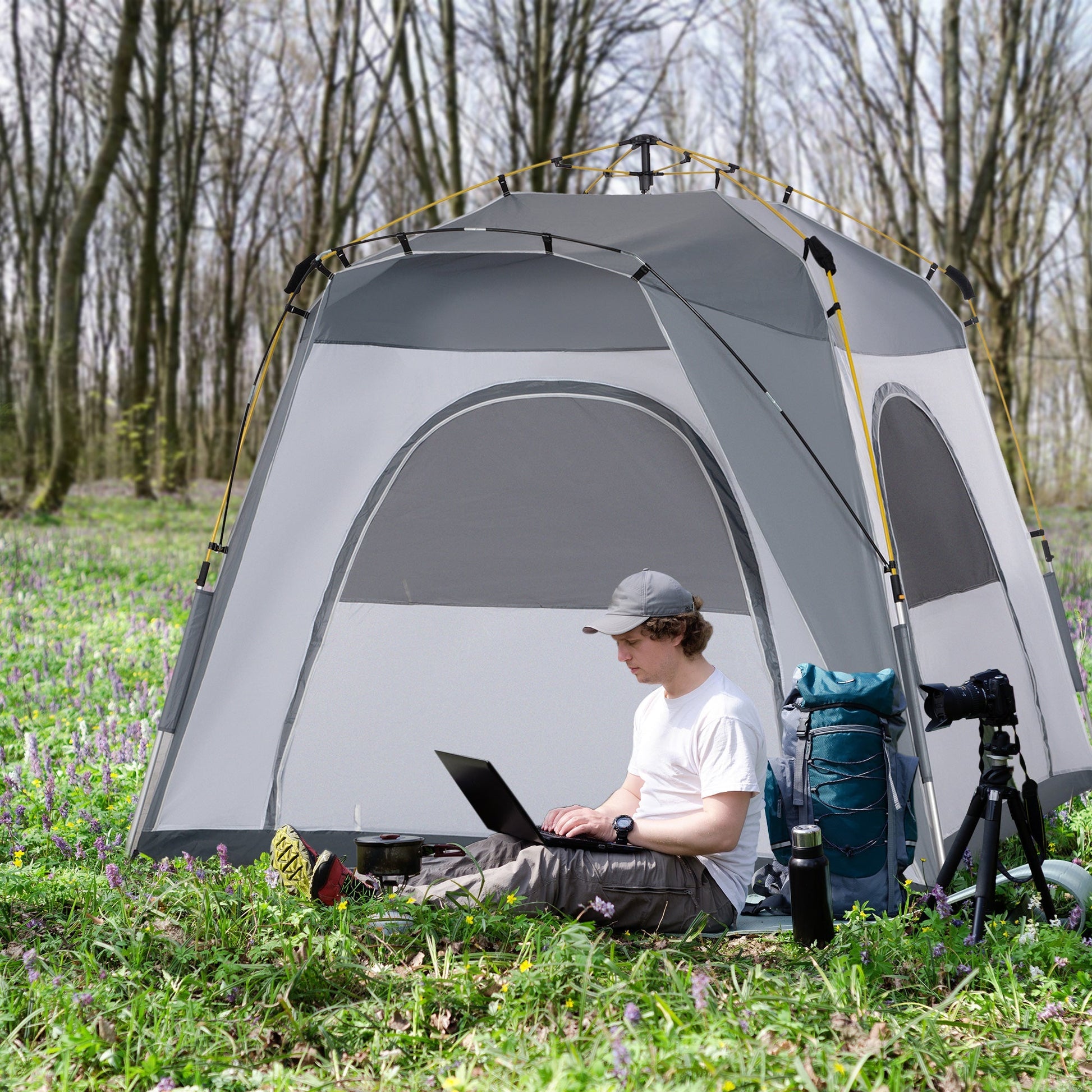 Outsunny Tenda de Campismo para 4 Pessoas Tenda de Campismo Pop UP com 4 Janelas 2 Bolsos de Armazenamento e Bolsa de Transporte 240x240x199 cm Cinza - A minha loja