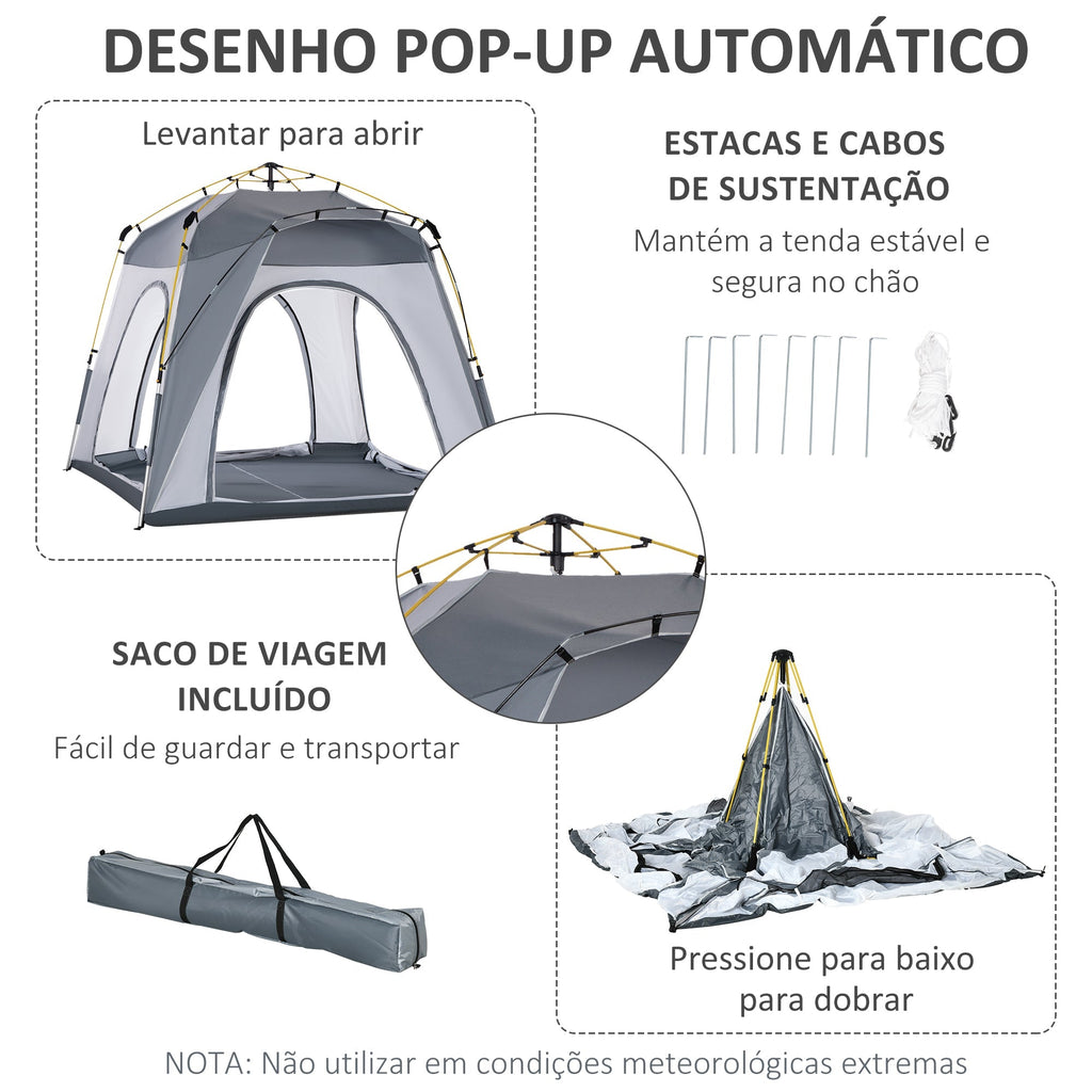Outsunny Tenda de Campismo para 4 Pessoas Tenda de Campismo Pop UP com 4 Janelas 2 Bolsos de Armazenamento e Bolsa de Transporte 240x240x199 cm Cinza - A minha loja