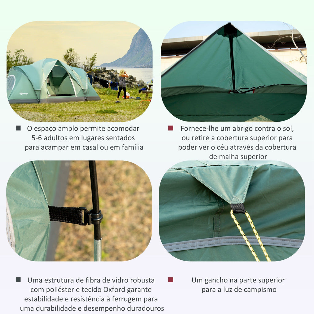 Outsunny Tenda de Campismo para 5 - 6 Pessoas Impermeável 3000mm+ Anti UV com Bolsa de Transporte e Gancho para Luz 455x230x180cm Verde - A minha loja