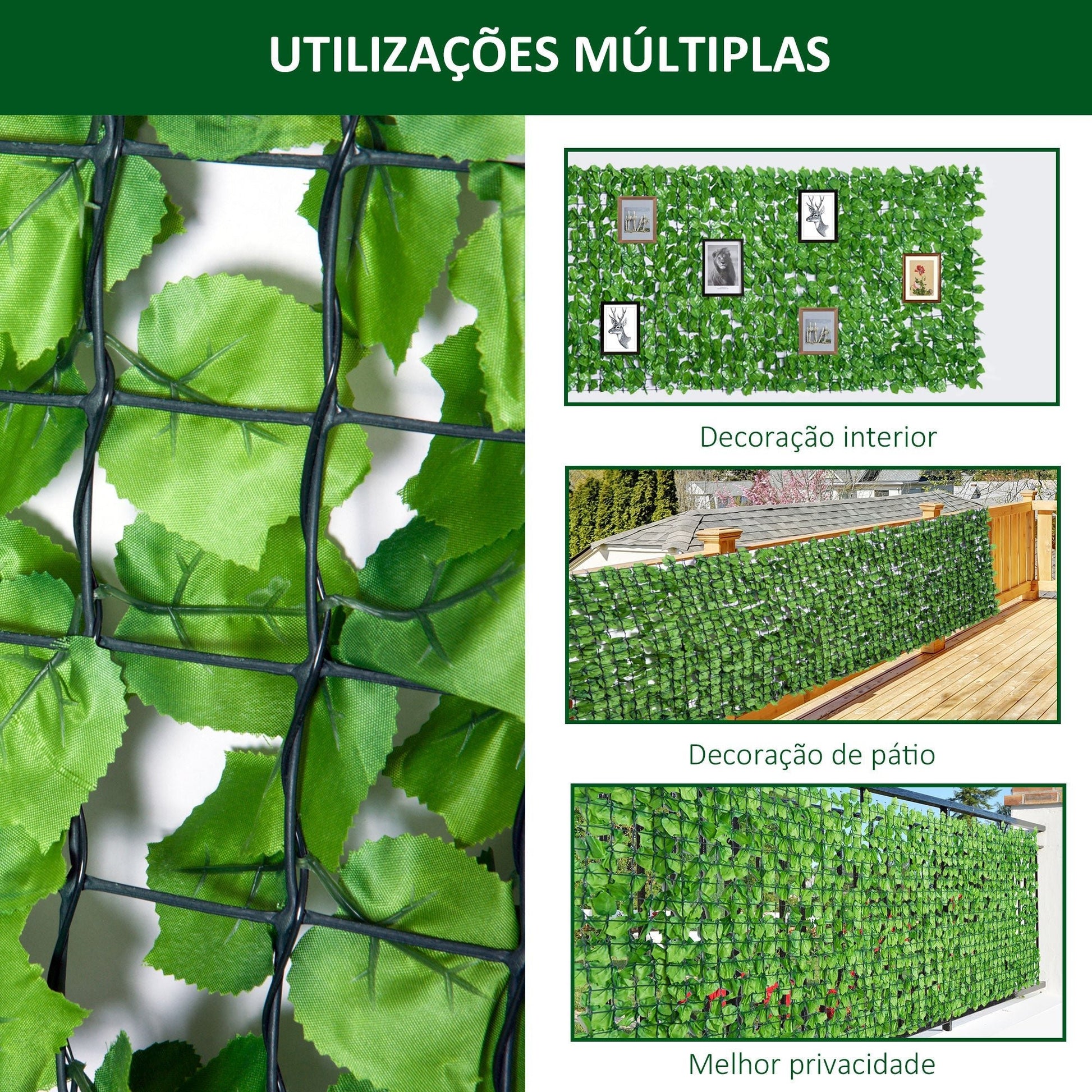 Outsunny Vedação Artificial em Rolo 3x1,5m Vedação de Privacidade para Balcão Jardim Exterior Planta Decorativa de Parede PE Verde - A minha loja
