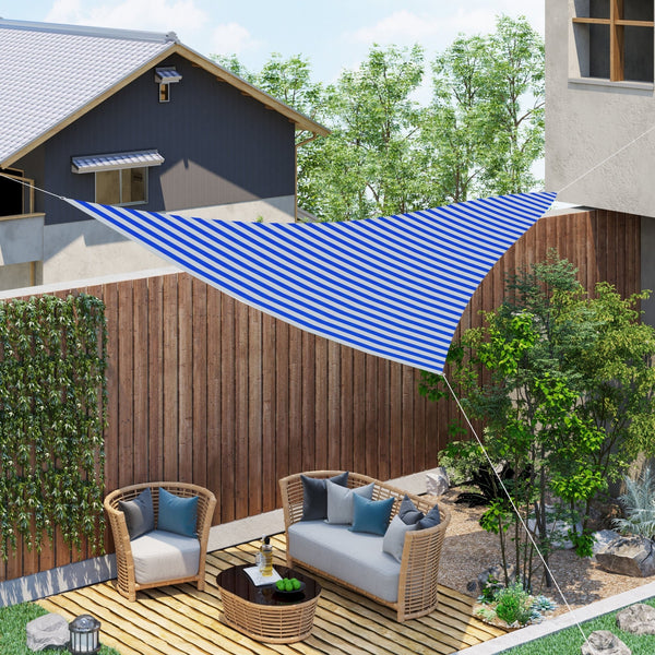 Vela de Sombra Triangular de HDPE Proteção UV Aneis em Forma de D e Cordas para Jardim Pátio Piscina 5x5x5 m Azul e Branco