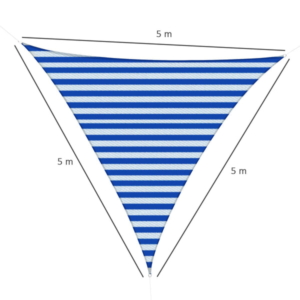 Vela de Sombra Triangular de HDPE Proteção UV Aneis em Forma de D e Cordas para Jardim Pátio Piscina 5x5x5 m Azul e Branco