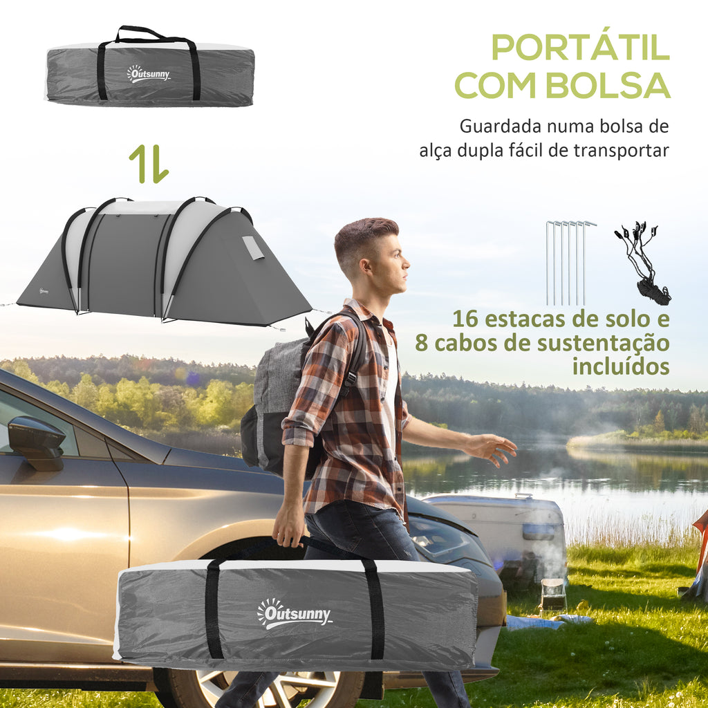 Tenda de Campismo Familiar para 4-5 Pessoas Tenda de Campismo Túnel Impermeável 3000 mm com 2 Quartos Bolsa de Transporte e Gancho Ideal para Caminhadas e Pesca Cinzento