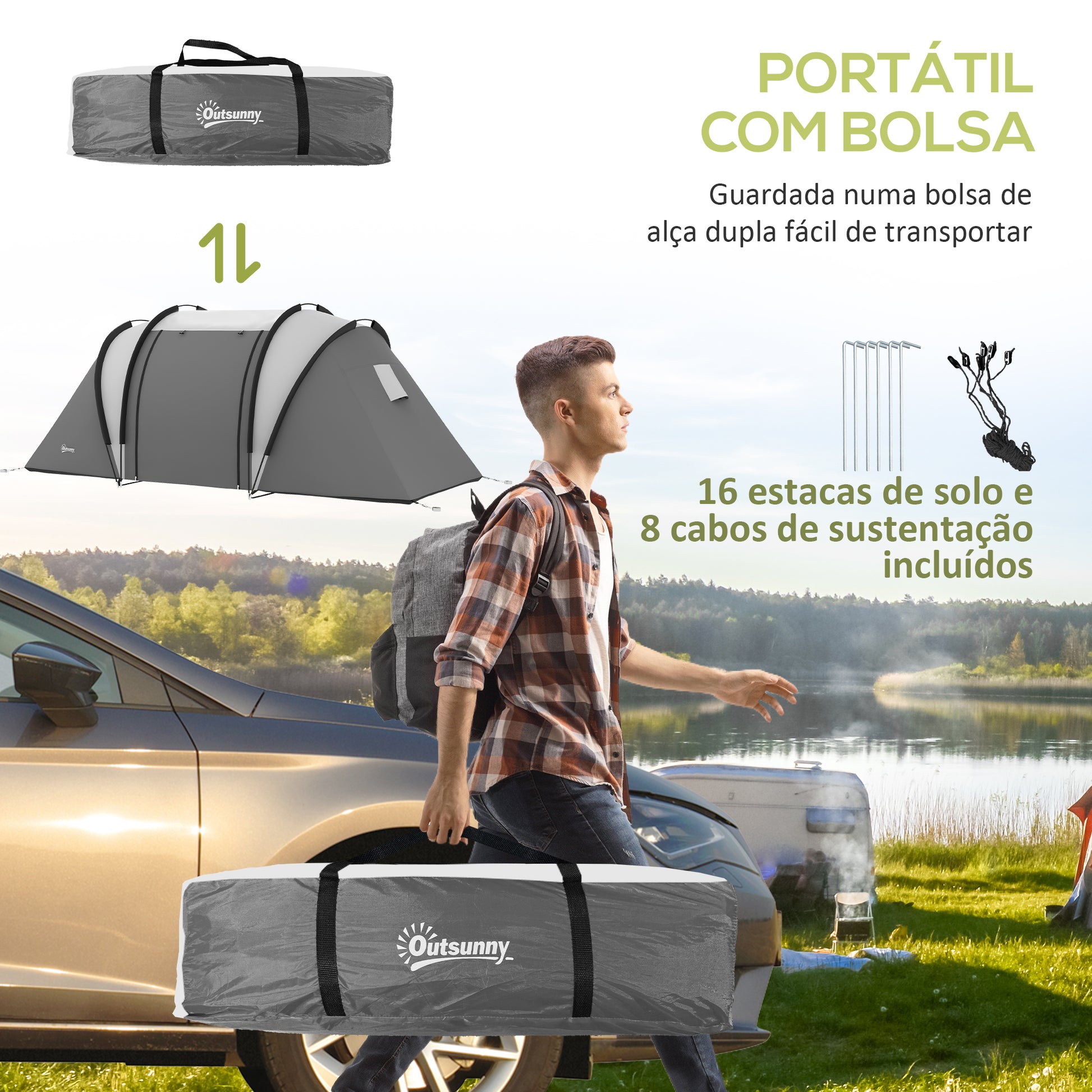 Tenda de Campismo Familiar para 4-5 Pessoas Tenda de Campismo Túnel Impermeável 3000 mm com 2 Quartos Bolsa de Transporte e Gancho Ideal para Caminhadas e Pesca Cinzento