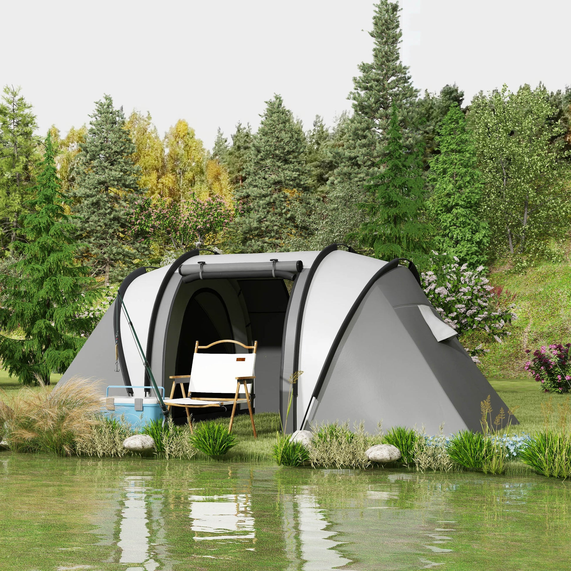 Tenda de Campismo Familiar para 4-5 Pessoas Tenda de Campismo Túnel Impermeável 3000 mm com 2 Quartos Bolsa de Transporte e Gancho Ideal para Caminhadas e Pesca Cinzento