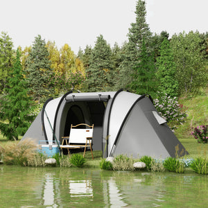 Tenda de Campismo Familiar para 4-5 Pessoas Tenda de Campismo Túnel Impermeável 3000 mm com 2 Quartos Bolsa de Transporte e Gancho Ideal para Caminhadas e Pesca Cinzento