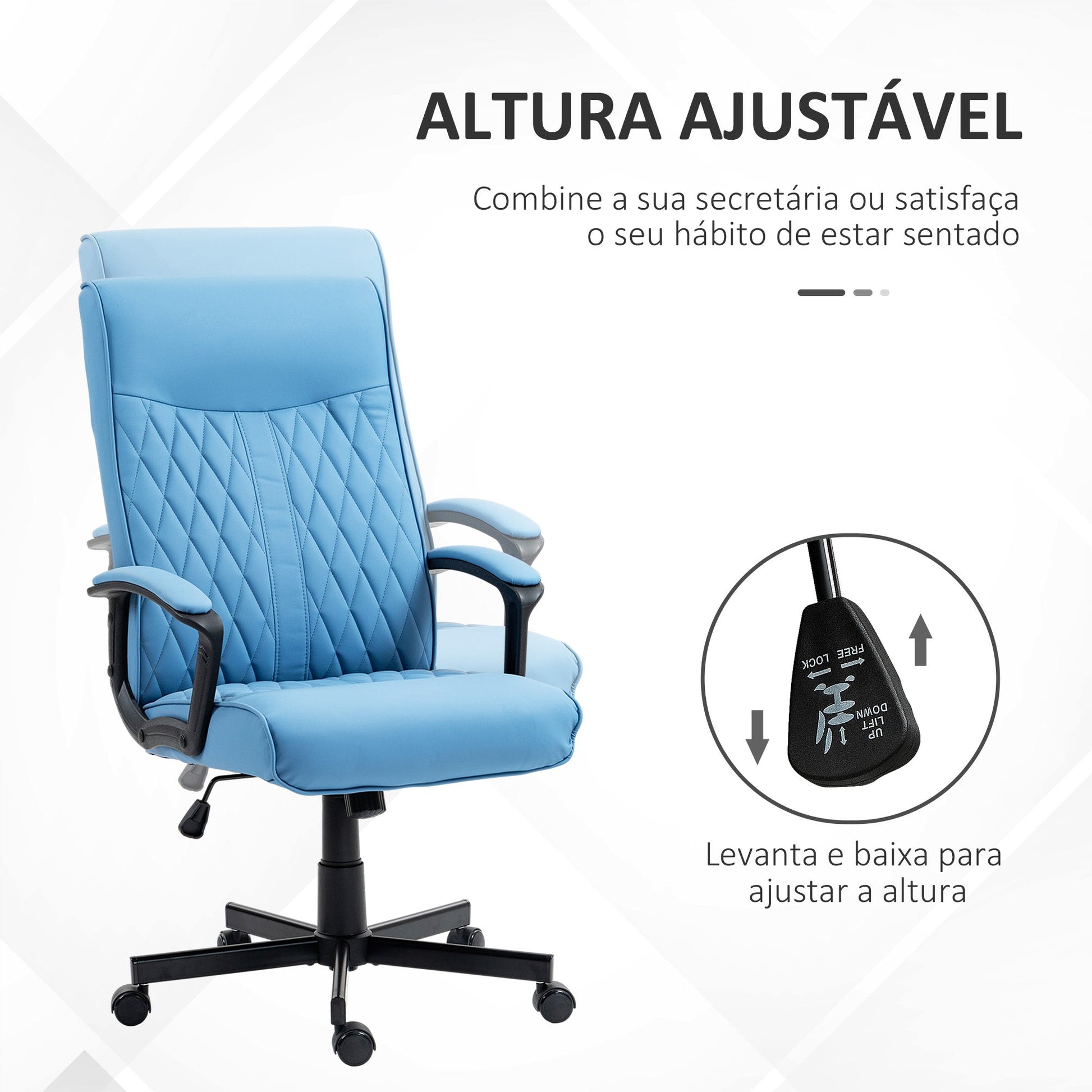 Cadeira de Escritório Giratória 360° Cadeira de Escritório com Encosto Alto Altura Ajustável e Função de Inclinação para Escritório Carga 120kg 65x65x102-112,5 cm Azul