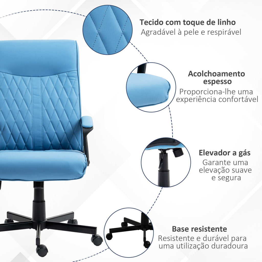 Cadeira de Escritório Giratória 360° Cadeira de Escritório com Encosto Alto Altura Ajustável e Função de Inclinação para Escritório Carga 120kg 65x65x102-112,5 cm Azul