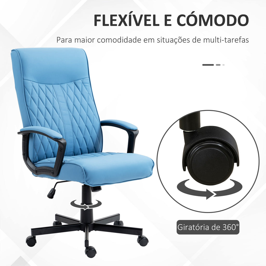 Cadeira de Escritório Giratória 360° Cadeira de Escritório com Encosto Alto Altura Ajustável e Função de Inclinação para Escritório Carga 120kg 65x65x102-112,5 cm Azul