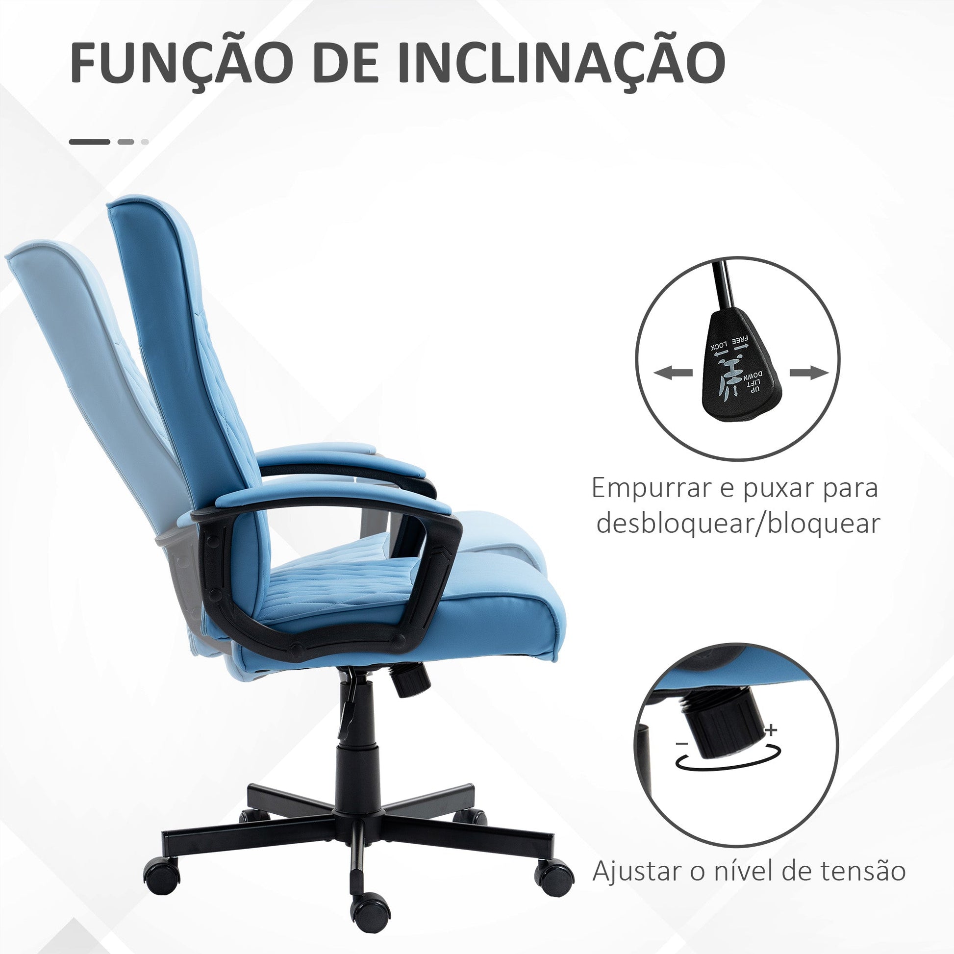 Cadeira de Escritório Giratória 360° Cadeira de Escritório com Encosto Alto Altura Ajustável e Função de Inclinação para Escritório Carga 120kg 65x65x102-112,5 cm Azul