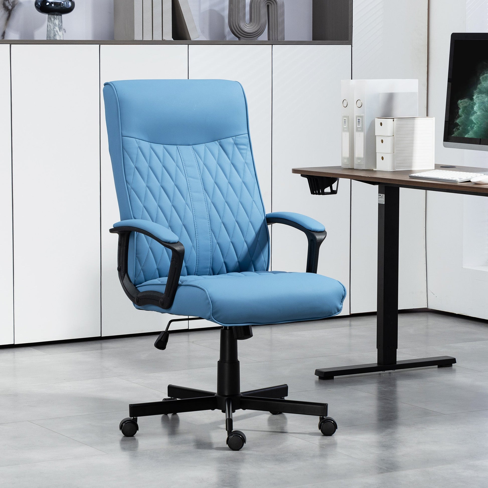 Cadeira de Escritório Giratória 360° Cadeira de Escritório com Encosto Alto Altura Ajustável e Função de Inclinação para Escritório Carga 120kg 65x65x102-112,5 cm Azul
