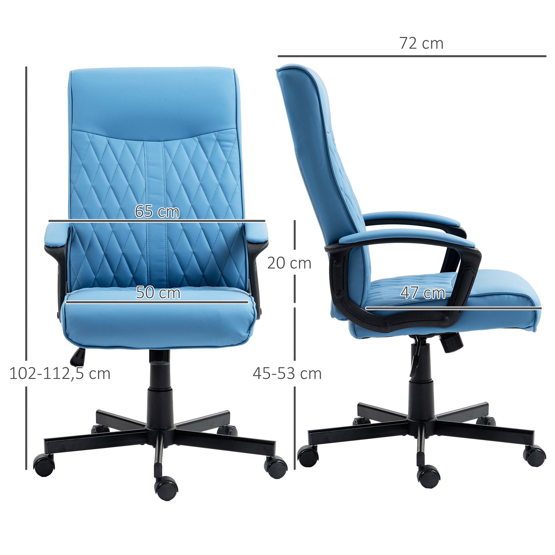 Cadeira de Escritório Giratória 360° Cadeira de Escritório com Encosto Alto Altura Ajustável e Função de Inclinação para Escritório Carga 120kg 65x65x102-112,5 cm Azul