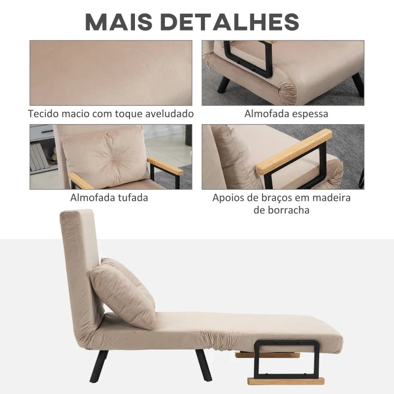 Poltrona Convertível em Cama Dobrável Poltrona 3 em 1 Convertível em Cama com Encosto Ajustável em 5 Níveis e Almofada Acolchoada para Escritório Sala de Estar Carga 120 kg 63x73x81 cm Bege