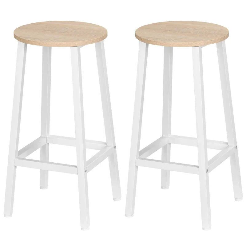 Conjunto de 2 Bancos Altos de Cozinha Bancos de Bar com Pés de Aço e Apoio para os Pés para Sala de Estar Sala de Jantar Carga 75kg 32,5x32,5x65cm Madeira e Branco