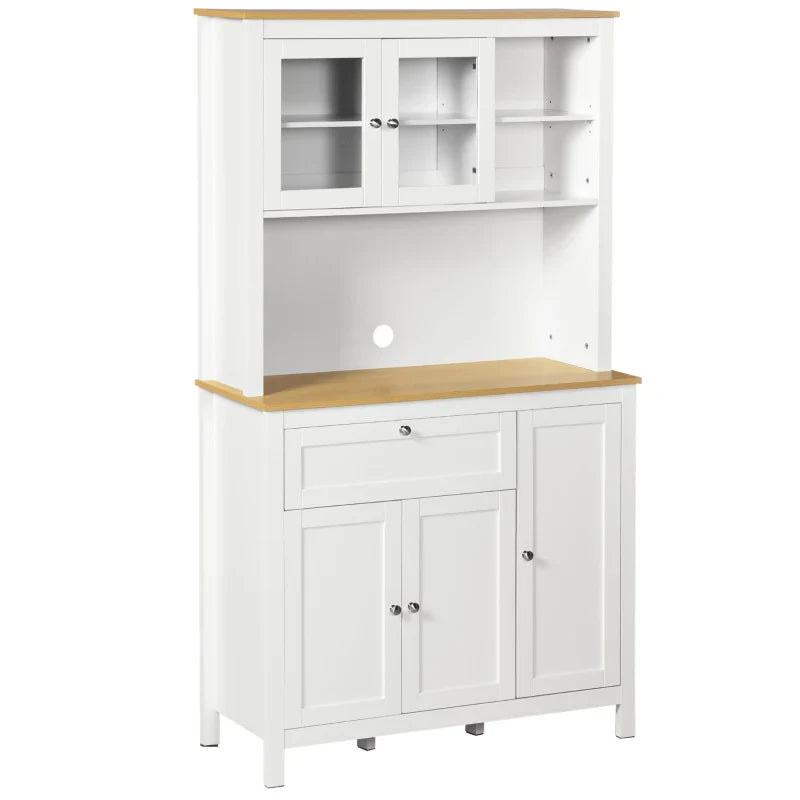 Armário de Cozinha Moderno Móvel Auxiliar de Cozinha com 5 Portas Prateleiras Ajustáveis Gaveta e Bancada para Micro-Ondas 100x40x180 cm Branco e Madeira