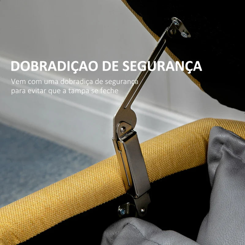 Banco de Armazenamento Estofado em Linho com Tampa Abatível e Pés de Aço para Dormitório Sala de Estar Entrada Carga Máxima 150kg 101x38,5x44,5 cm Amarelo
