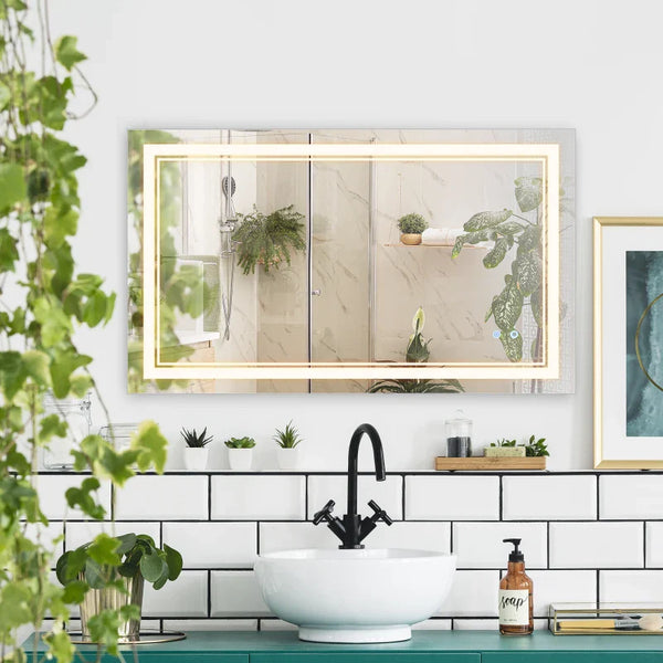 Espelho Casa de Banho com Luz LED 100x60cm Espelho de Parede com Interruptor Tátil 3 Luzes Ajustáveis Função de Memória e Estrutura de Alumínio Espelho Suspenso em 2 Formas Prata