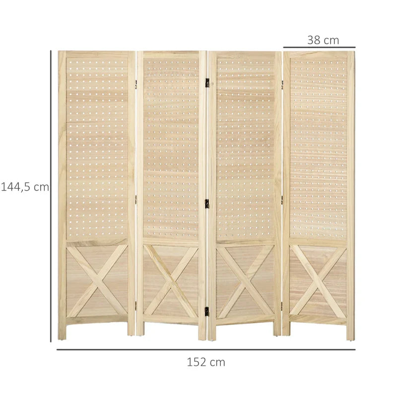 Biombo de 4 Painéis Separador de Ambientes Dobrável 152x1,7x144,5 cm Divisor de Habitações Painéis com Orifícios para Pendurar para Escritório Dormitório Sala de Estar Madeira