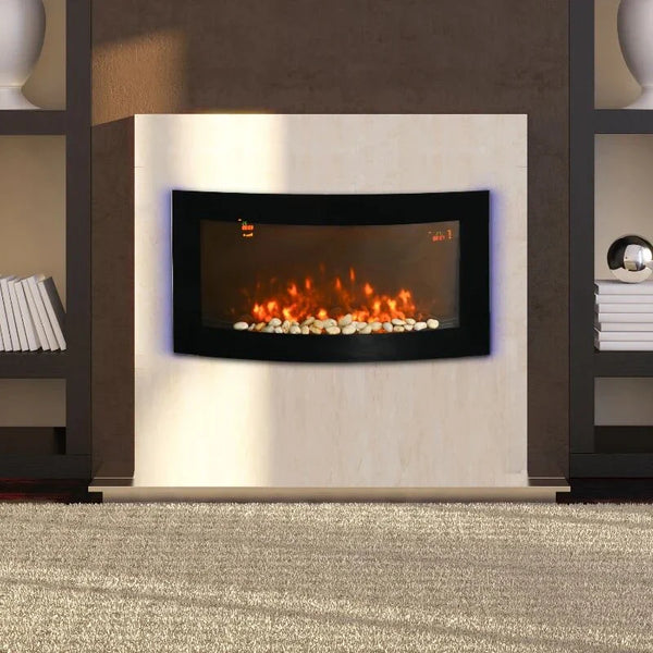 Lareira Elétrica de Parede com Efeito de Chama Realista Luzes LED de 7 Cores Controlo Remoto e Potência Ajustável 1000W/2000W 89,2x13,5x48cm Preto